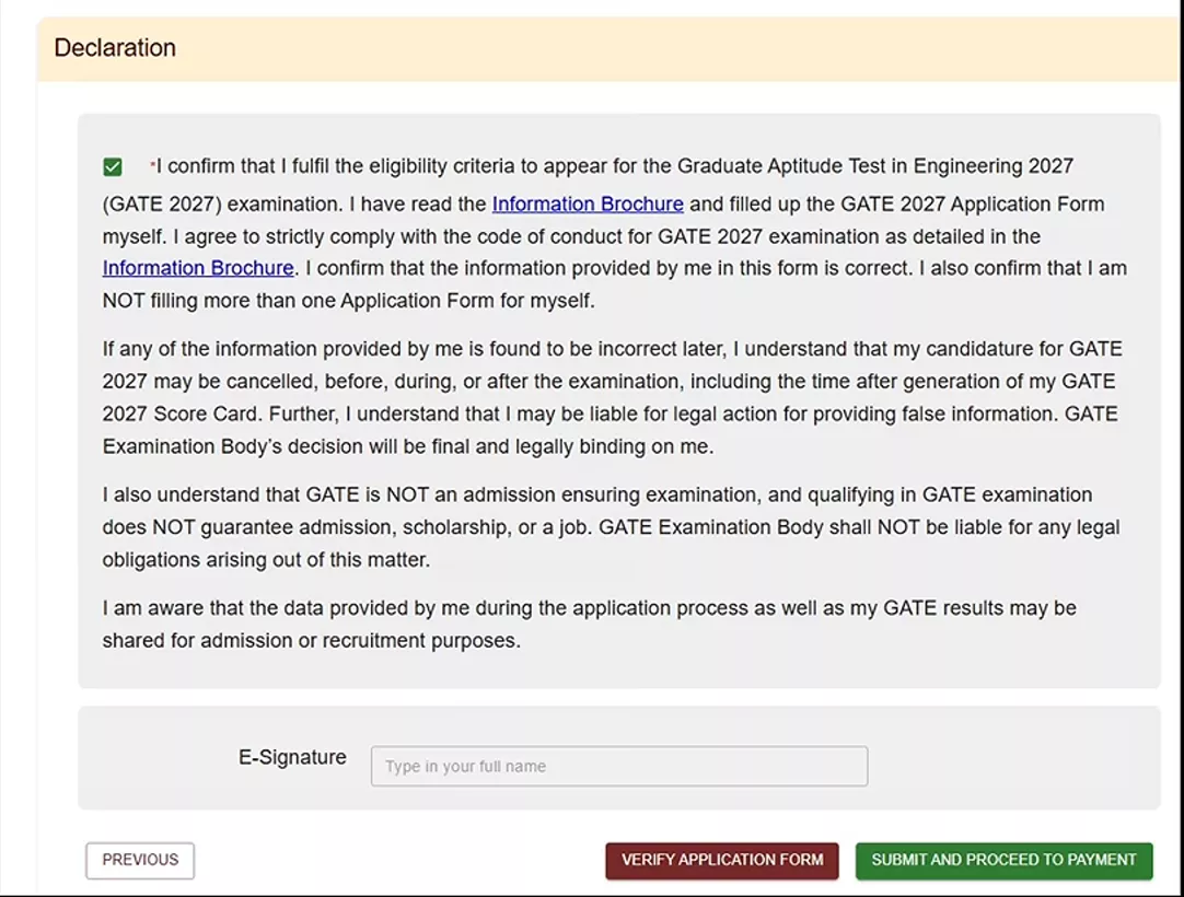 GATE 2027 declaration screen with verify and submit buttons