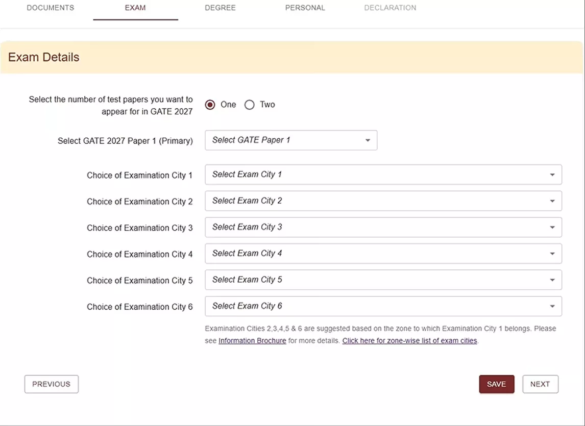 GATE 2027 exam details section with paper and city selection