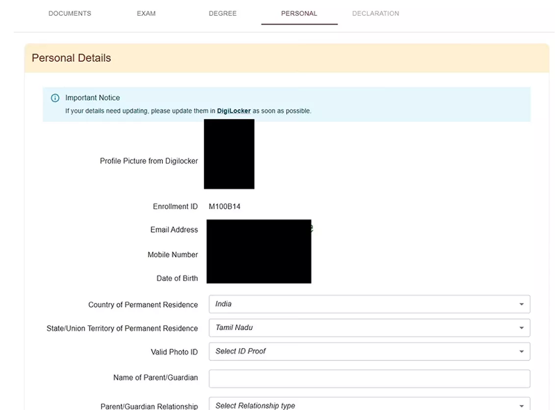 GATE 2027 personal details section fetched from DigiLocker