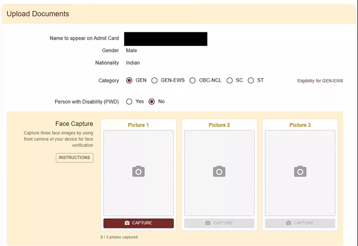 GATE 2027 upload documents section with category and PwD status