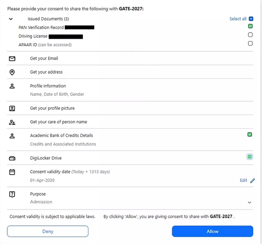 DigiLocker consent screen for sharing documents with GATE 2027