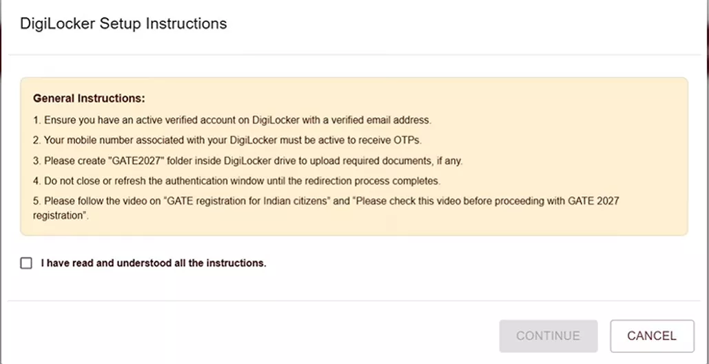 DigiLocker setup instructions popup for GATE 2027 Registration